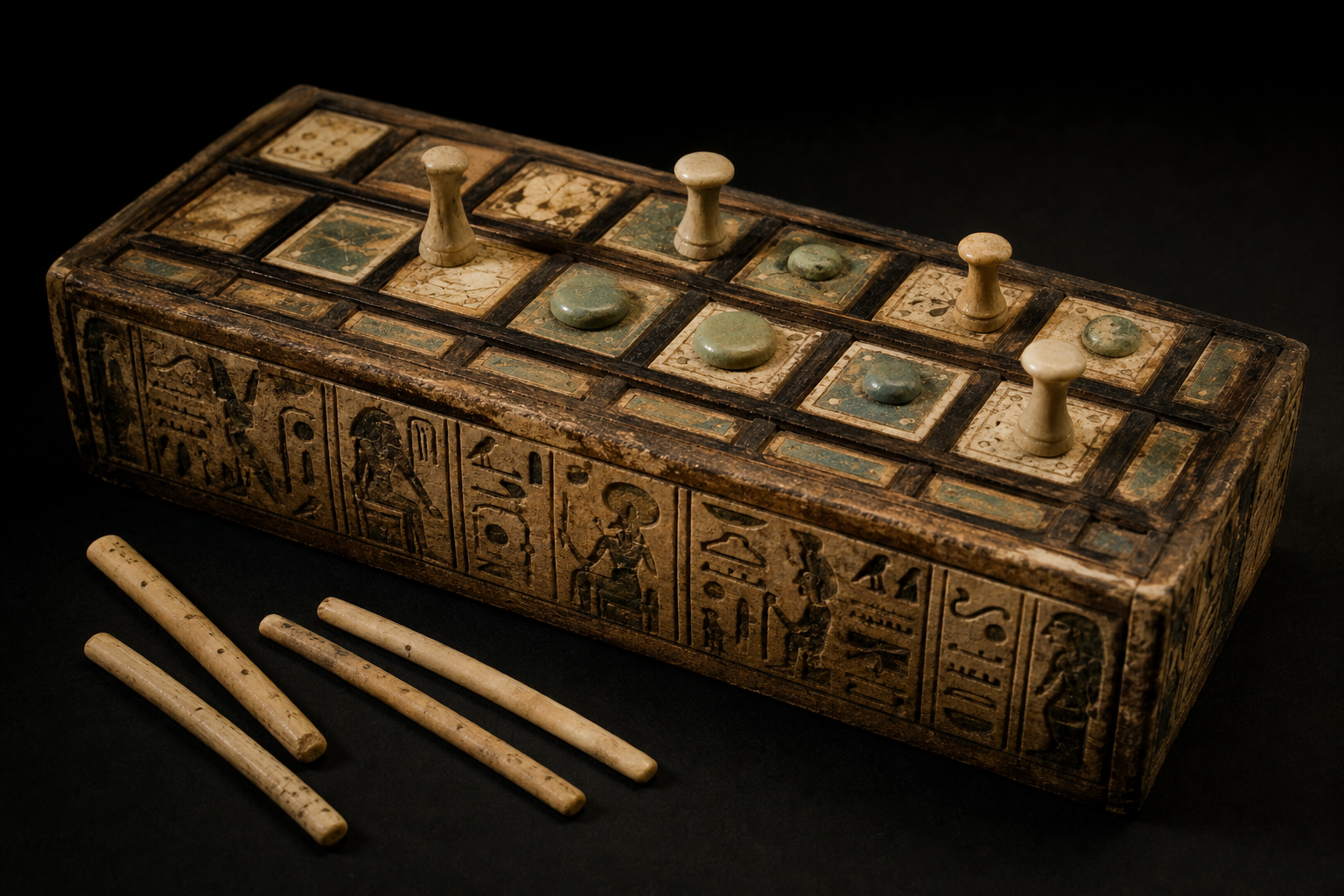 An ancient Egyptian senet board game with faience playing pieces and casting sticks, recovered from a tomb